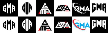 GMA harfli logo tasarımı. Altı stili. GMA çokgeni, çember, üçgen, altıgen, düz ve basit stil, siyah ve beyaz renk varyasyon harfi logosu bir sanat tahtasında. GMA minimalist ve klasik logo