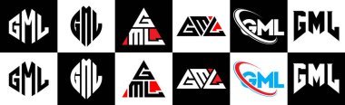 GML harf logosu tasarımı altı stilde. GML çokgeni, çember, üçgen, altıgen, düz ve basit stil siyah ve beyaz renk varyasyon harfi logosu bir sanat tahtasında. GML minimalist ve klasik logo