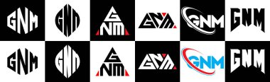 GNM harf logosu tasarımı altı stilde. GNM çokgeni, çember, üçgen, altıgen, düz ve basit stil siyah ve beyaz renk varyasyon harfi logosu bir sanat tahtasında. GNM minimalist ve klasik logo