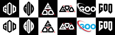 GOO harfli logo tasarımı. Altı stili. GOO çokgeni, çember, üçgen, altıgen, düz ve basit stil siyah ve beyaz renk varyasyon harfi logosu bir sanat tahtasında. Goo minimalist ve klasik logo