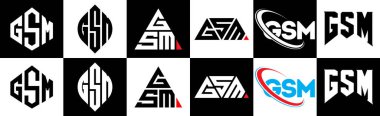 GSM harf logosu tasarımı altı stil. GSM çokgeni, çember, üçgen, altıgen, düz ve basit stil siyah ve beyaz renk varyasyon harfi logosu bir sanat tahtasında. GSM minimalist ve klasik logo