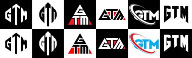 GTM harf logosu tasarımı altı stil. GTM çokgen, çember, üçgen, altıgen, düz ve basit stil siyah ve beyaz renk varyasyon harfi logosu bir sanat tahtasında. GTM minimalist ve klasik logo