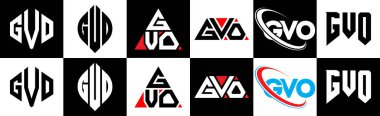 GVO harf logosu tasarımı, altı stil. GVO çokgeni, çember, üçgen, altıgen, düz ve basit stil siyah ve beyaz renk varyasyon harfi logosu bir sanat tahtasında. GVO minimalist ve klasik logo