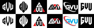 GVU harf logosu tasarımı. Altı stili. GVU çokgeni, çember, üçgen, altıgen, düz ve basit stil siyah ve beyaz renk varyasyon harfi logosu bir sanat tahtasında. GVU minimalist ve klasik logo