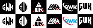 GWK harf logosu tasarımı altı stil. GWK çokgeni, çember, üçgen, altıgen, düz ve basit stil, siyah ve beyaz renk varyasyon harfi logosu bir sanat tahtasında. GWK minimalist ve klasik logo