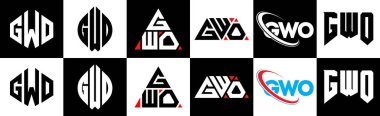 GWO harfli logo tasarımı. Altı stili. GWO çokgeni, çember, üçgen, altıgen, düz ve basit stil siyah ve beyaz renk varyasyon harfi logosu bir sanat tahtasında. GWO minimalist ve klasik logo