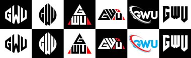 GWU harf logosu tasarımında altı stili var. GWU çokgeni, çember, üçgen, altıgen, düz ve basit stil siyah ve beyaz renk varyasyon harfi logosu bir sanat tahtasında. GWU minimalist ve klasik logo