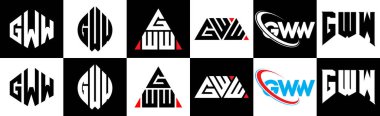 GWW harfli logo tasarımı. Altı stili. GWW çokgeni, çember, üçgen, altıgen, düz ve basit stil siyah ve beyaz renk varyasyon harfi logosu bir sanat tahtasında. GWW minimalist ve klasik logo