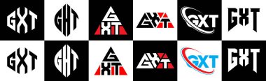 GXT harf logosu tasarımı altı stilde. GXT çokgen, çember, üçgen, altıgen, düz ve basit stil siyah ve beyaz renk varyasyon harfi logosu bir sanat tahtasında. GXT minimalist ve klasik logo