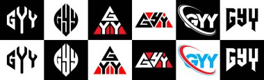 GYY harf logosu tasarımı altı stil. GYY çokgeni, çember, üçgen, altıgen, düz ve basit stil siyah ve beyaz renk varyasyon harfi logosu bir sanat tahtasında. GYY minimalist ve klasik logo