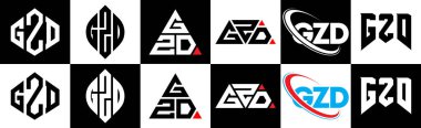 GZD harfli logo tasarımı. Altı stili. GZD çokgen, çember, üçgen, altıgen, düz ve basit stil siyah ve beyaz renk varyasyon harfi logosu bir sanat tahtasında. GZD minimalist ve klasik logo