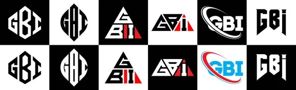 Gbi字母标识设计有六种风格 Gbi多边形 三角形 六边形 平面和简单风格的黑白变化字母标识设置在一个艺术板 Gbi简约和经典标志 — 图库矢量图片