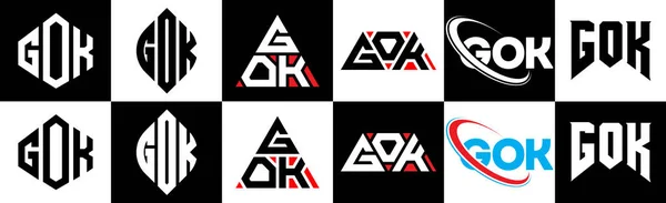 6つの様式のGokの手紙のロゴの設計 Gok多角形 三角形 六角形 フラットと黒と白の色バリエーション文字のロゴが1つのアートボードに設定されているシンプルなスタイル Gokミニマリストと古典的なロゴ — ストックベクタ