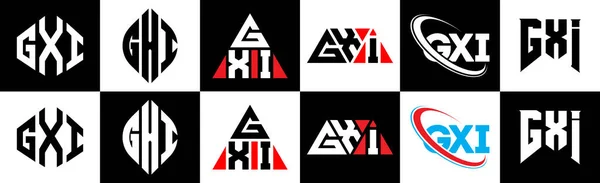 Gxi字母标识设计有六种风格 Gxi多边形 三角形 六边形 扁平和简单的风格 黑色和白色的变化字母标识设置在一个艺术板 Gxi简约和经典标志 — 图库矢量图片