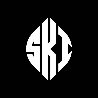 Çember ve elips şekilli SKI daire harf logosu tasarımı. SKI elips harfleri tipografik tarzda. Üç baş harf daire şeklinde bir logo oluşturuyor. SKI Çember Amblemi Soyut Monogram Harf İşaretleme Vektörü.