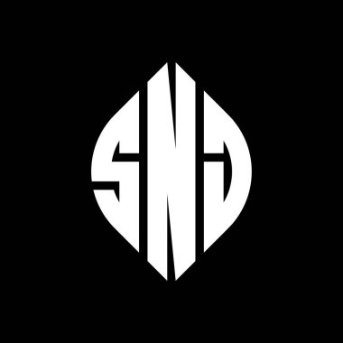 Çember ve elips şekilli SNJ daire harf logosu tasarımı. Tipografik biçimli SNJ elips harfleri. Üç baş harf daire şeklinde bir logo oluşturuyor. SNJ Çember Amblemi Soyut Monogram Harf İşaretleyici Vektörü.