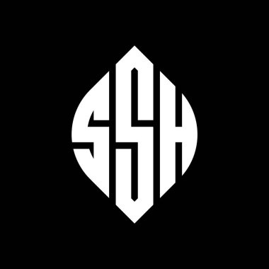 Çember ve elips şekilli SSH daire harf logosu tasarımı. Tipografik biçimli SSH elips harfleri. Üç baş harf daire şeklinde bir logo oluşturuyor. SSH Çember Amblemi Soyut Monogram Harf İşaretleyici Vektörü.