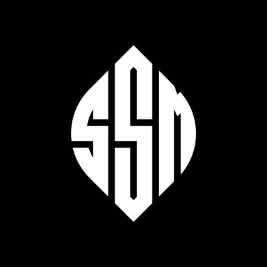 Çember ve elips şekilli SSM daire harf logosu tasarımı. Tipografik biçimli SSM elips harfleri. Üç baş harf daire şeklinde bir logo oluşturuyor. SSM Çember Amblemi Soyut Monogram Harf İşaretleyici Vektörü.