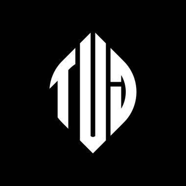 Çember ve elips şekilli TUJ daire harf logosu tasarımı. Typographic tarzında TUJ elips harfleri. Üç baş harf daire şeklinde bir logo oluşturuyor. TUJ Çember Amblemi Soyut Monogram Harf İşaretleyici Vektörü.