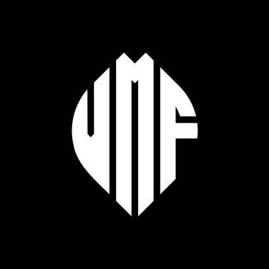 Çember ve elips şekilli VMF daire harf logosu tasarımı. Tipografik biçimli VMF elips harfleri. Üç baş harf daire şeklinde bir logo oluşturuyor. VMF Çember Amblemi Soyut Monogram Harf İşaretleyici Vektörü.