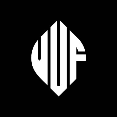 Çember ve elips şekilli VUF daire harf logosu tasarımı. Tipografik biçimli VUF elips harfleri. Üç baş harf daire şeklinde bir logo oluşturuyor. VUF Çember Amblemi Soyut Monogram Harf İşaretleyici Vektörü.