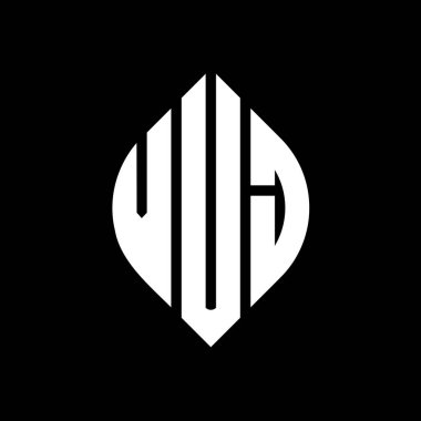 Çember ve elips şekilli VUJ daire harf logosu tasarımı. Tipografik şekilli VUJ elips harfleri. Üç baş harf daire şeklinde bir logo oluşturuyor. VUJ Çember Amblemi Soyut Monogram Harf İşaretleyici Vektörü.