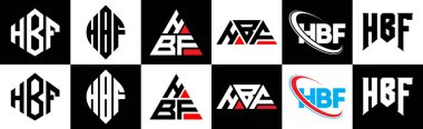 HBF harf logosu tasarımı altı stil. HBF çokgeni, çember, üçgen, altıgen, düz ve basit stil siyah ve beyaz renk varyasyon harfi logosu bir sanat tahtasında. HBF minimalist ve klasik logo