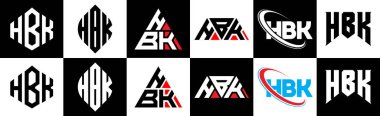 HBK harf logosu tasarımı altı stilde. HBK çokgeni, çember, üçgen, altıgen, düz ve basit stil siyah ve beyaz renk varyasyon harfi logosu bir sanat tahtasında. HBK minimalist ve klasik logo