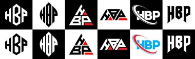 HBP harf logosu tasarımı altı stilde. HBP çokgeni, çember, üçgen, altıgen, düz ve basit stil, siyah ve beyaz renk varyasyon harfi logosu bir sanat tahtasında. HBP minimalist ve klasik logo