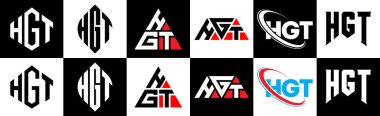 HGT harf logosu tasarımı altı stil. HGT çokgeni, çember, üçgen, altıgen, düz ve basit stil siyah ve beyaz renk varyasyon harfi logosu bir sanat tahtasında. HGT minimalist ve klasik logo