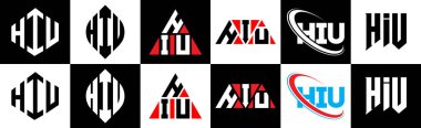 HIU harf logosu tasarımı altı stil. HIU çokgeni, çember, üçgen, altıgen, düz ve basit stil, siyah ve beyaz renk varyasyon harfi logosu bir sanat tahtasında. HIU minimalist ve klasik logo