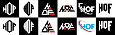 HOF harf logosu tasarımı altı stil. HOF çokgeni, çember, üçgen, altıgen, düz ve sade stil siyah ve beyaz renk varyasyon harfi logosu bir sanat tahtasında. Hof minimalist ve klasik logo