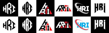 HRI harf logosu tasarımı altı stil. HRI çokgeni, çember, üçgen, altıgen, düz ve basit stil siyah ve beyaz renk varyasyon harfi logosu bir sanat tahtasında. HRI minimalist ve klasik logo