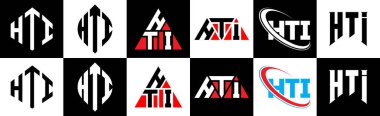 HTI harf logosu tasarımı. Altı stili. HTI çokgeni, çember, üçgen, altıgen, düz ve basit stil siyah ve beyaz renk varyasyon harfi logosu bir sanat tahtasında. HTI minimalist ve klasik logo