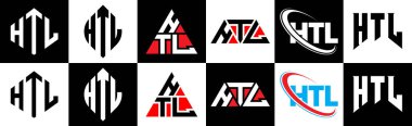 HTL harf logosu tasarımı altı stilde. HTL çokgeni, çember, üçgen, altıgen, düz ve basit stil siyah ve beyaz renk varyasyon harfi logosu bir sanat tahtasında. HTL minimalist ve klasik logo