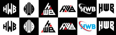 HWB harfli logo tasarımı. Altı stili. HWB çokgeni, çember, üçgen, altıgen, düz ve basit stil siyah ve beyaz renk varyasyon harfi logosu bir sanat tahtasında. HWB minimalist ve klasik logo