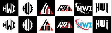 Altı stili HWI harf logosu tasarımı. HWI çokgeni, çember, üçgen, altıgen, düz ve basit stil siyah ve beyaz renk varyasyon harfi logosu bir sanat tahtasında. HWI minimalist ve klasik logo