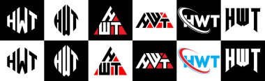 HWT harf logosu tasarımı altı stil. HWT çokgeni, çember, üçgen, altıgen, düz ve basit stil siyah ve beyaz renk varyasyon harfi logosu bir sanat tahtasında. HWT minimalist ve klasik logo