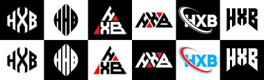 HXB harfli logo tasarımı. Altı stili. HXB çokgen, çember, üçgen, altıgen, düz ve basit stil siyah ve beyaz renk varyasyon harfi logosu bir sanat tahtasında. HXB minimalist ve klasik logo