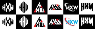 HXW harfli logo tasarımı. Altı stili. HXW çokgen, çember, üçgen, altıgen, düz ve basit stil siyah ve beyaz renk varyasyon harfi logosu bir sanat tahtasında. HXW minimalist ve klasik logo