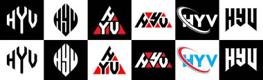 HYV harf logosu tasarımı altı stilde. HYV çokgeni, çember, üçgen, altıgen, düz ve basit stil, siyah ve beyaz renk varyasyon harfi logosu bir sanat tahtasında. HYV minimalist ve klasik logo