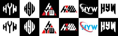 HYW harfli logo tasarımı. Altı stili. HYW çokgen, çember, üçgen, altıgen, düz ve basit stil siyah ve beyaz renk varyasyon harfi logosu bir sanat tahtasında. HYW minimalist ve klasik logo