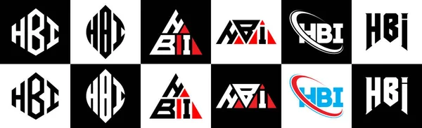 Hbi字母标识设计有六种风格 Hbi多边形 三角形 六边形 扁平和简单的风格 黑色和白色的变化字母标识设置在一个艺术板 Hbi简约和经典标志 — 图库矢量图片