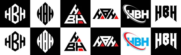 Hbh字母标识设计有六种风格 Hbh多边形 三角形 六边形 扁平和简单的风格 黑色和白色的变化字母标识设置在一个艺术板 Hbh简约和经典标志 — 图库矢量图片