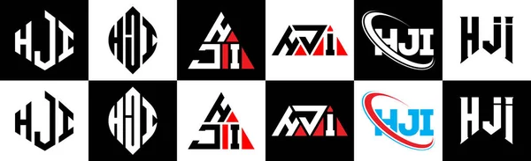 6つのスタイルでHjiの文字のロゴデザイン Hjiポリゴン サークル 三角形 六角形 フラットと黒と白の色のバリエーション文字のロゴが1つのアートボードに設定されているシンプルなスタイル Hjiのミニマリストでクラシックなロゴ — ストックベクタ