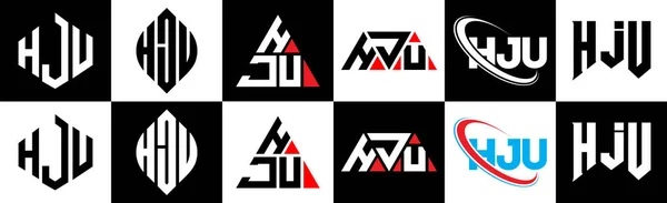 Hju手紙のロゴデザイン6スタイルで Hju多角形 三角形 六角形 フラットと黒と白の色のバリエーション文字のロゴが1つのアートボードに設定されているシンプルなスタイル Hjuミニマリストと古典的なロゴ — ストックベクタ