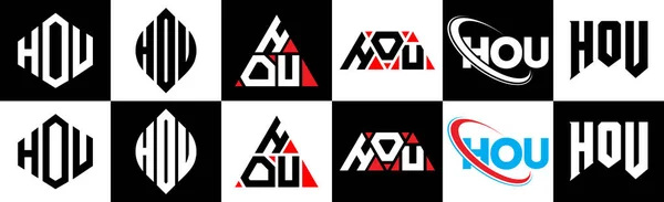 Houレターロゴデザイン6スタイルで Hou多角形 三角形 六角形 フラットと黒と白の色のバリエーション文字のロゴが1つのアートボードに設定されているシンプルなスタイル Houミニマリストと古典的なロゴ — ストックベクタ
