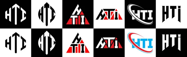 6スタイルのHtiレターロゴデザイン Hti多角形 三角形 六角形 フラットと黒と白の色のバリエーション文字のロゴが1つのアートボードに設定されているシンプルなスタイル Htiミニマリストと古典的なロゴ — ストックベクタ