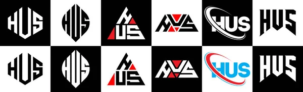 Diseño Del Logotipo Letra Hus Seis Estilos Hus Polígono Círculo — Vector de stock
