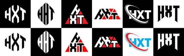 stock vector HXT letter logo design in six style. HXT polygon, circle, triangle, hexagon, flat and simple style with black and white color variation letter logo set in one artboard. HXT minimalist and classic logo